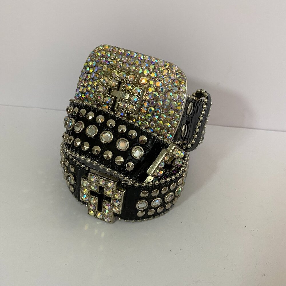 Nocona Black Leather Belt Rhinestone & Studded Crosses Womens Medium